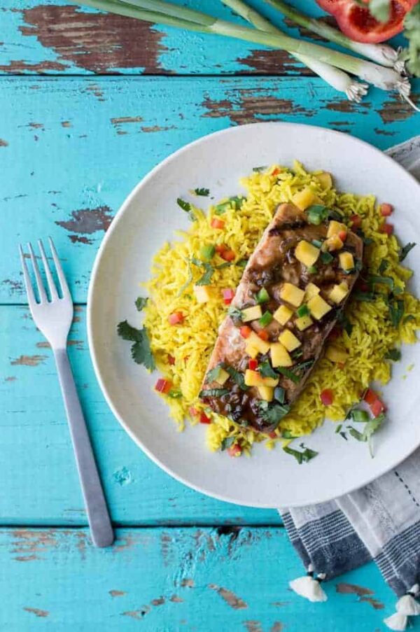 Glaze Grilled mango Salmon (with rice and veg)